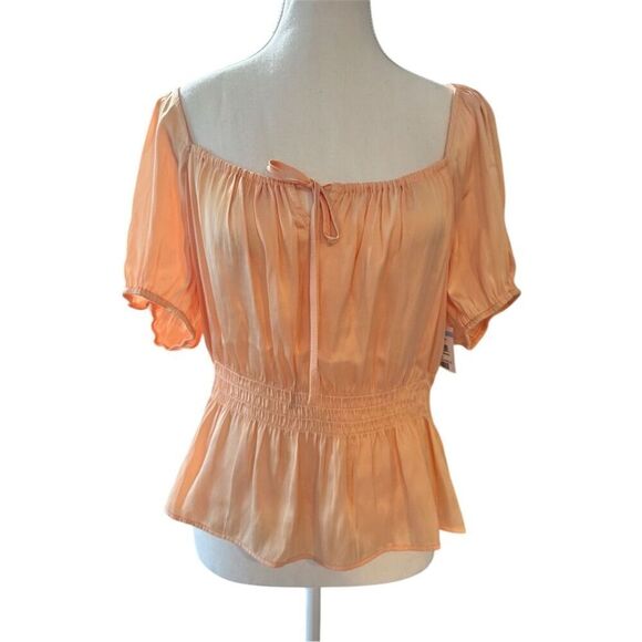 Paige Olenna Women's XL Orange Puff Sleeve Square Neck Smoked Waist Blouse/Top - Picture 2 of 9